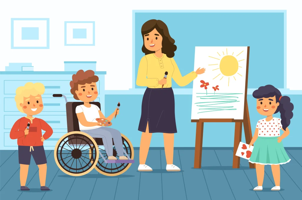 Disability kids school. Educational projects. Children with disabilities study in mixed classes. Teacher and students. Boy in wheelchair learns to draw. Vector handicapped socialization