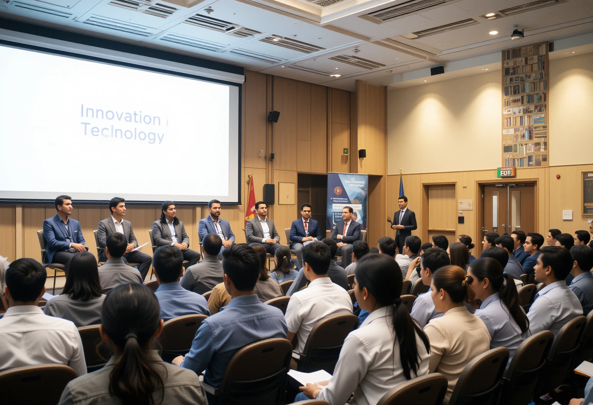 panel discussion at a indian school event. Industry leaders are seated on a stage, sharing their expertise with students in the audience.