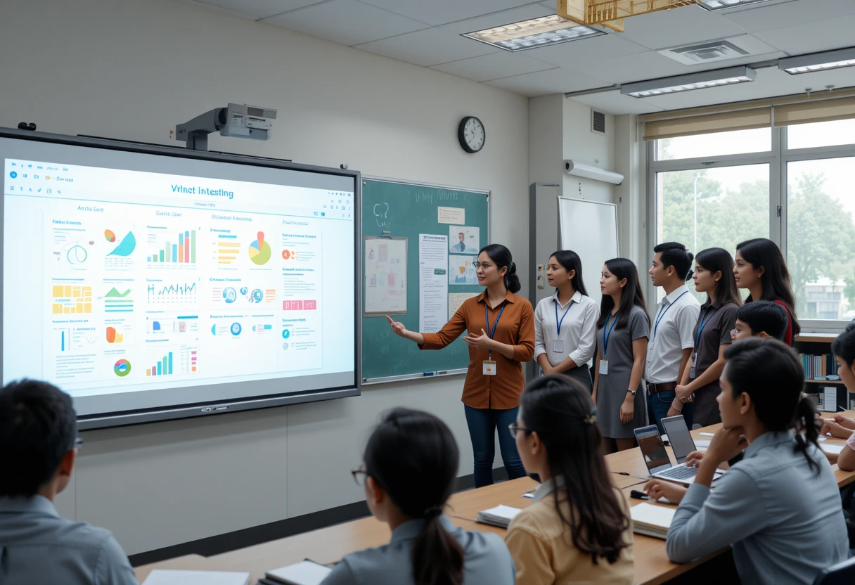  indian students presenting an innovative project to school leaders and teachers in a modern classroom. They are using a smart board to showcase charts, models, and digital presentations. The audience is engaged, asking questions and providing feedback