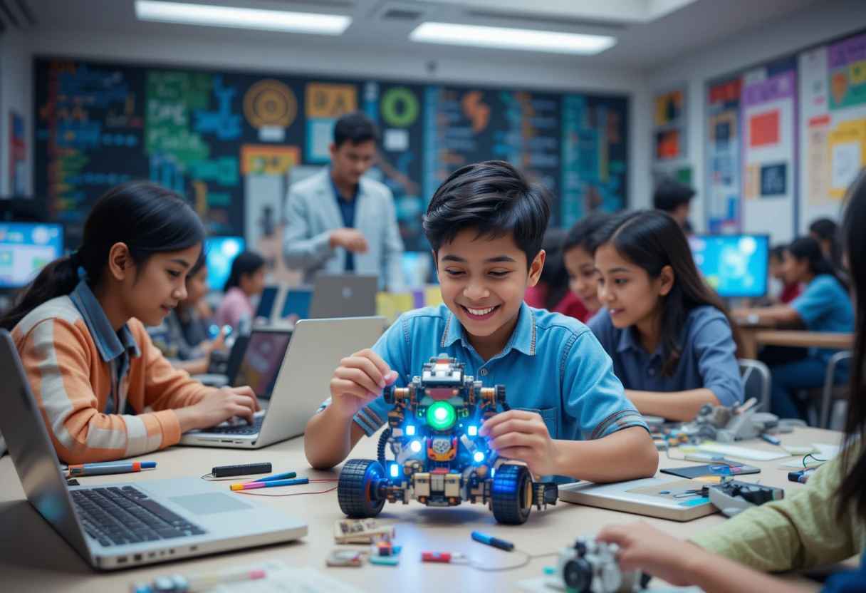 high-tech innovation lab where students are working on creative projects using 3D printers, robotics kits, and coding stations. The lab is filled with energy, and students are collaborating, experimenting, and showcasing their projects
