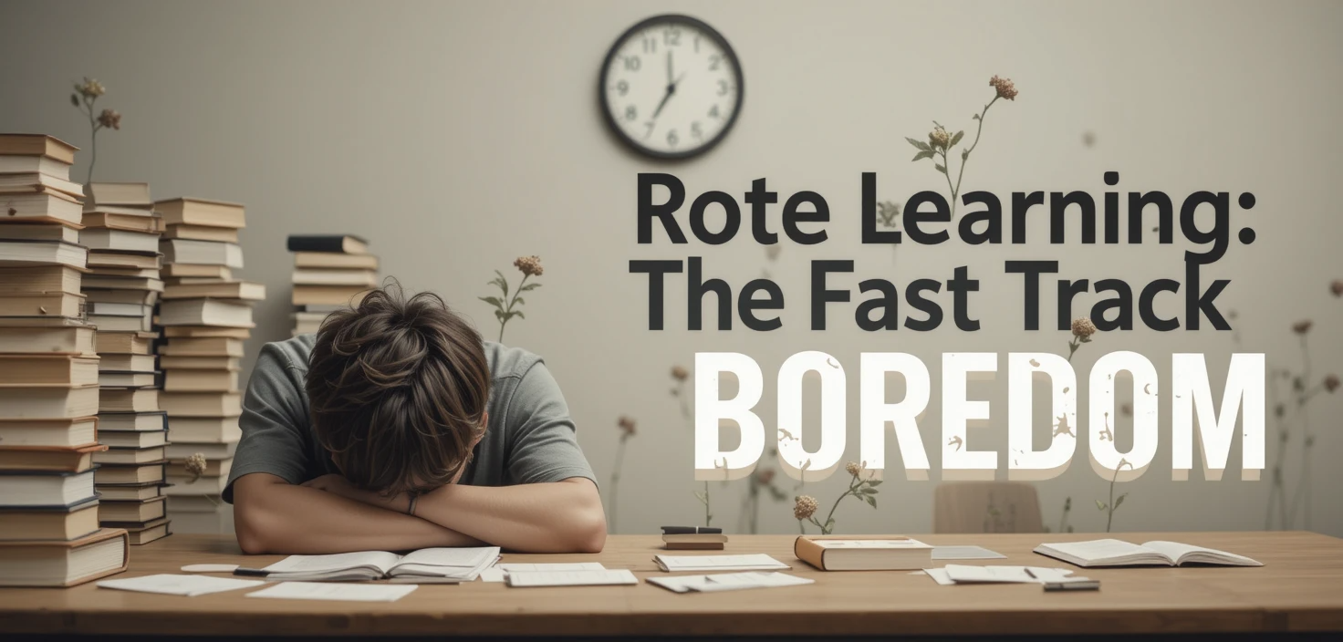 the disengagement and boredom of rote learning. Show a student slumped over a desk, surrounded by endless stacks of flashcards and books, with a clock ticking slowly in the background. Use a dull, lifeless color palette of beige and gray. Overlay bold text that says 'Rote Learning: The Fast Track to Boredom' in a stark, sans-serif font. Add subtle, wilting plants on the desk to symbolize disinterest."