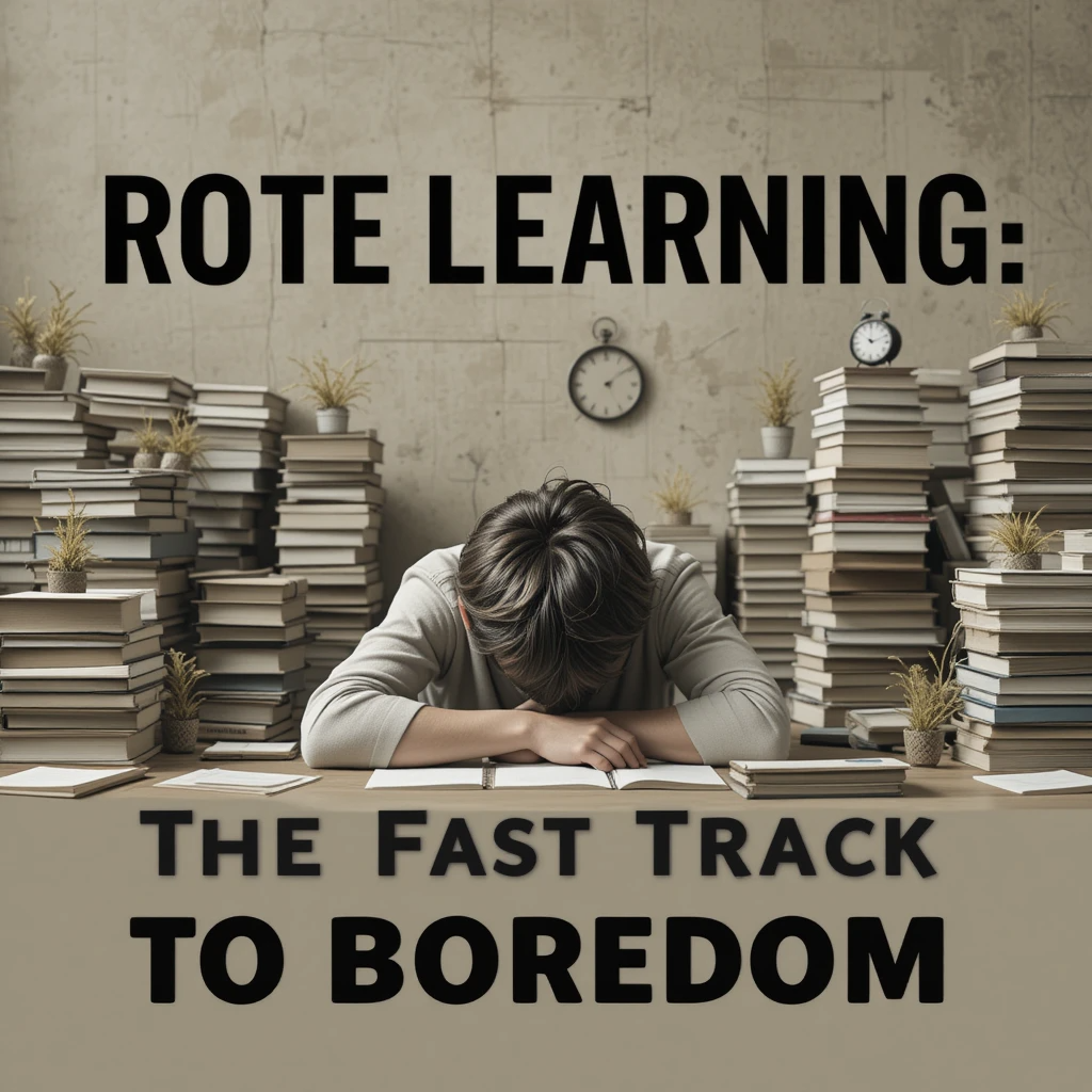 image that captures the disengagement and boredom of rote learning. Show a student slumped over a desk, surrounded by endless stacks of flashcards and books, with a clock ticking slowly in the background. Use a dull, lifeless color palette of beige and gray. Overlay bold text that says 'Rote Learning: The Fast Track to Boredom' in a stark, sans-serif font. Add subtle, wilting plants on the desk to symbolize disinterest