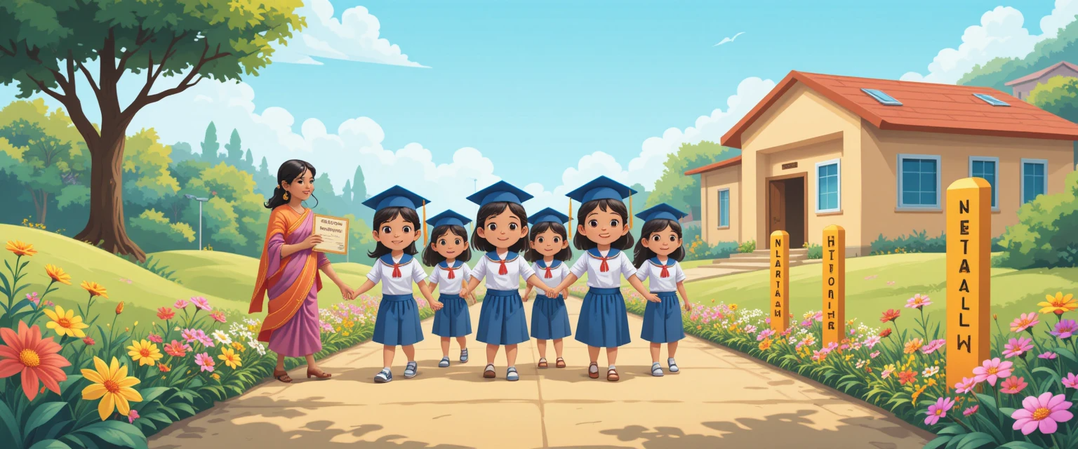 A group of AWC graduates in uniforms walking hand-in-hand toward a nearby primary school. Their Anganwadi worker waves goodbye, holding a ‘School Ready’ certificate